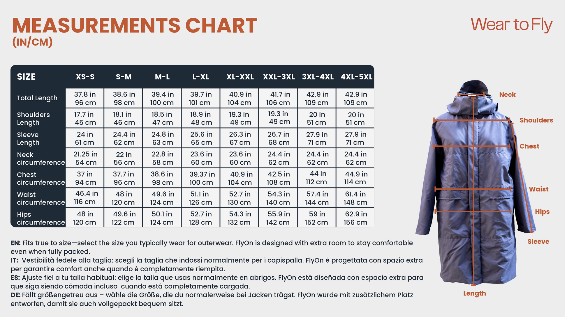 FlyOn Jacket measurements chart in inches and centimeters, sizes XS-S to 4XL-5XL